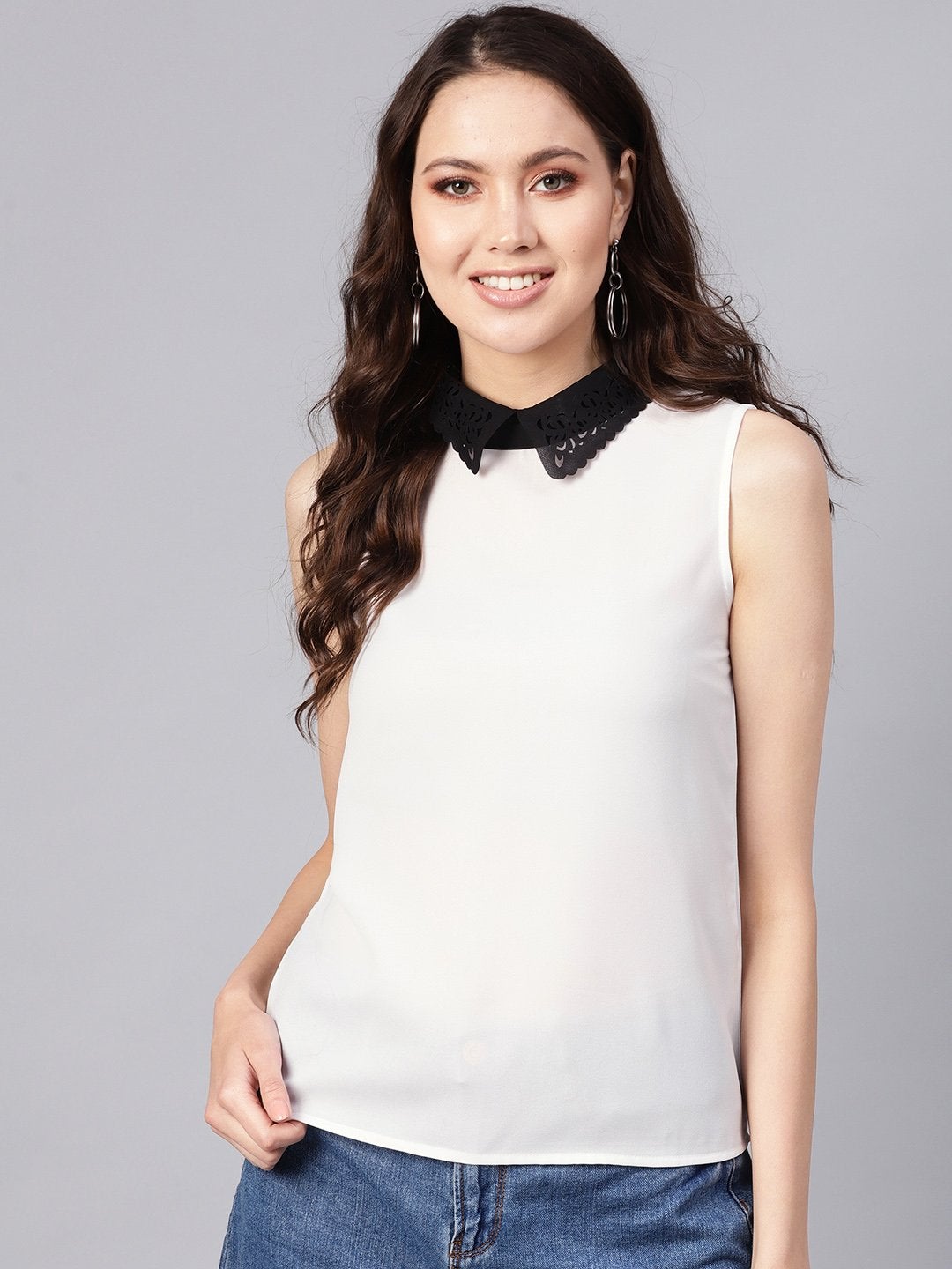 Women's White Collar Sleeveless Top