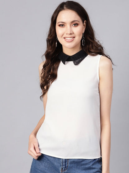 Women's White Collar Sleeveless Top