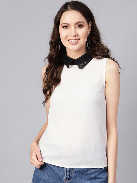 Women's White Collar Sleeveless Top