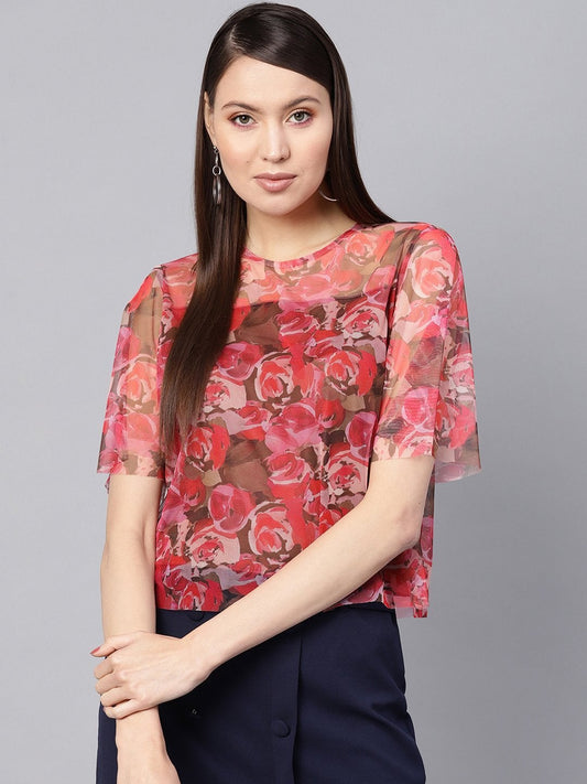 Women's Pink Rose Floral Mesh Top