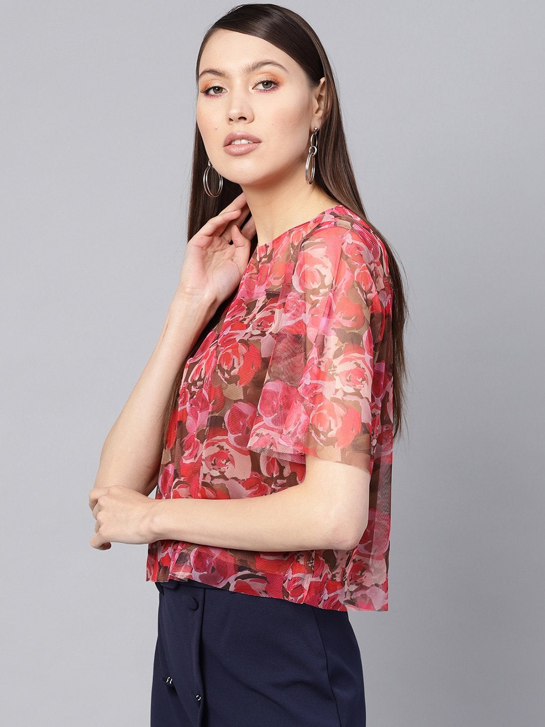 Women's Pink Rose Floral Mesh Top