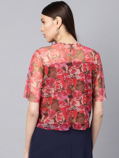Women's Pink Rose Floral Mesh Top