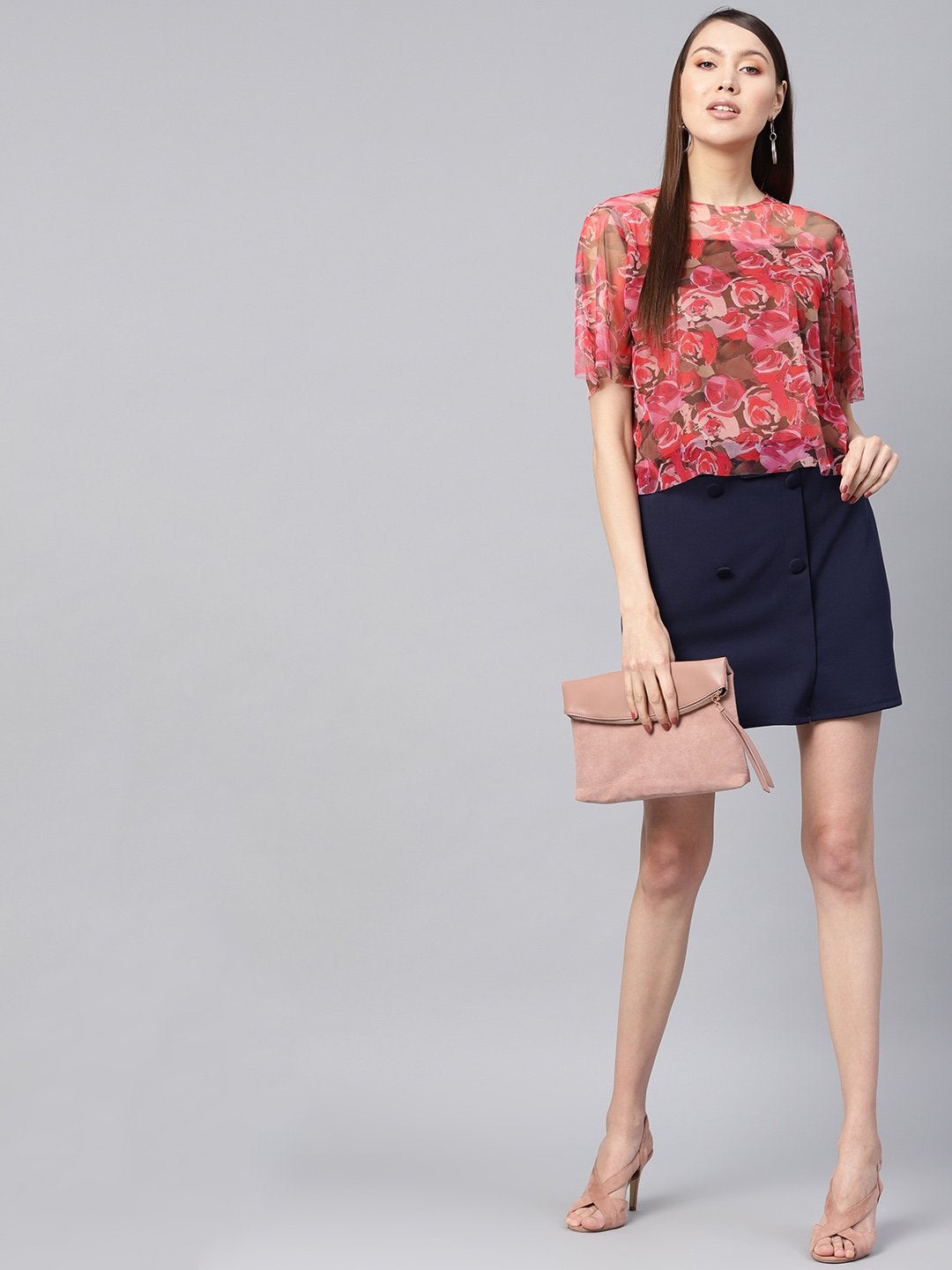 Women's Pink Rose Floral Mesh Top