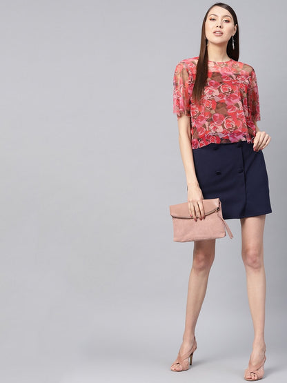 Women's Pink Rose Floral Mesh Top