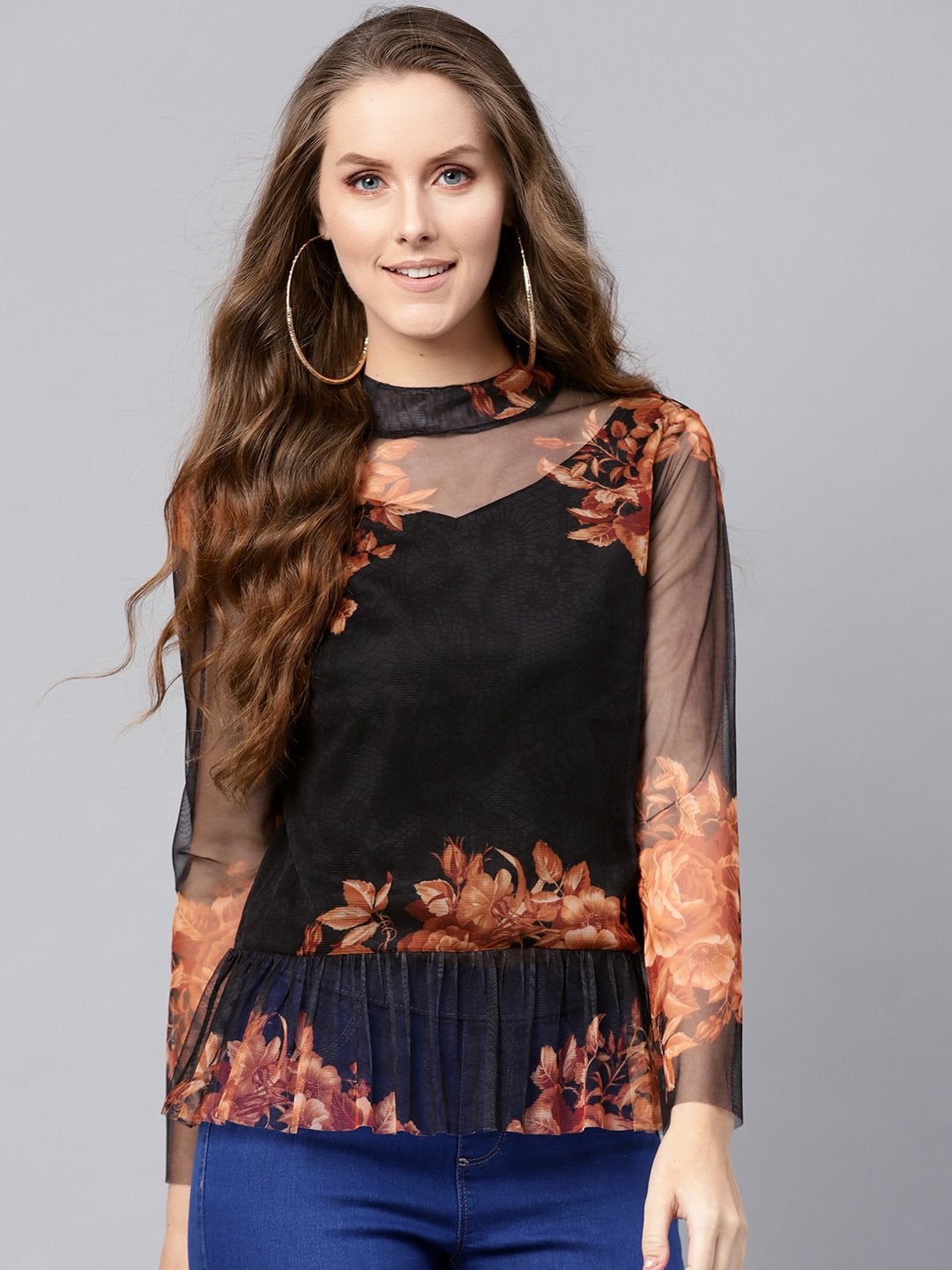 Women's Black Floral Mesh Peplum Top