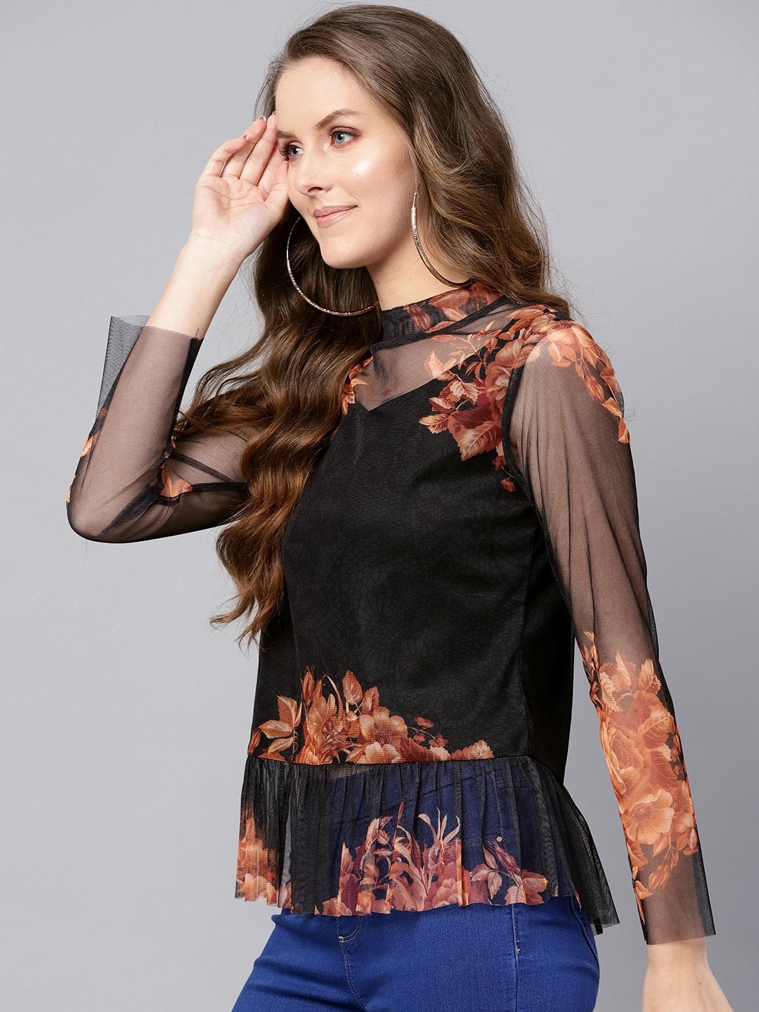 Women's Black Floral Mesh Peplum Top