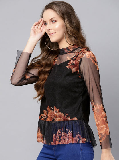 Women's Black Floral Mesh Peplum Top