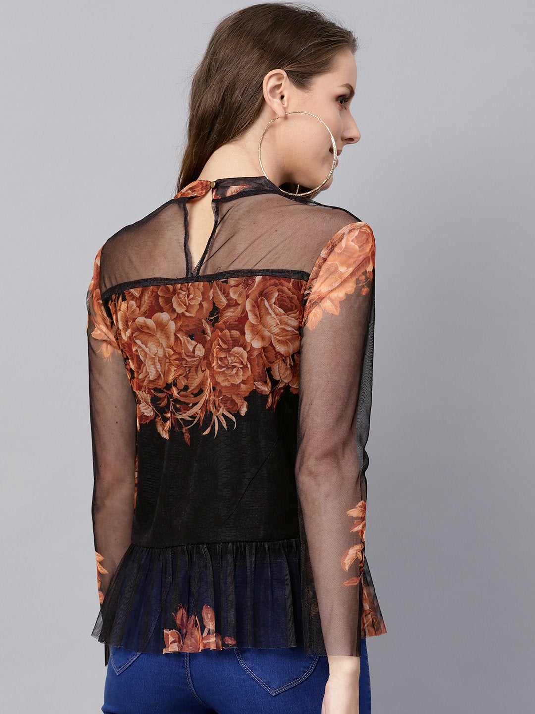 Women's Black Floral Mesh Peplum Top