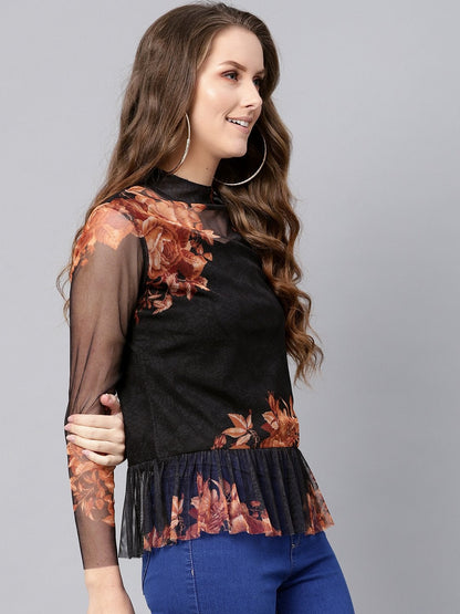 Women's Black Floral Mesh Peplum Top