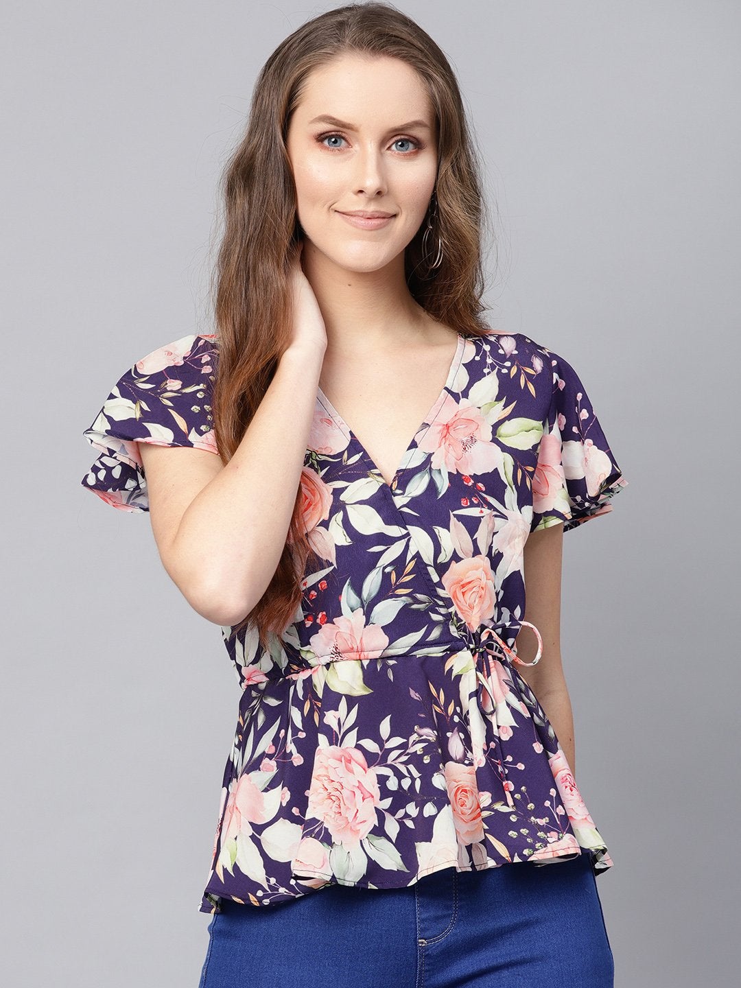 Women's Navy Floral Wrap Peplum Top