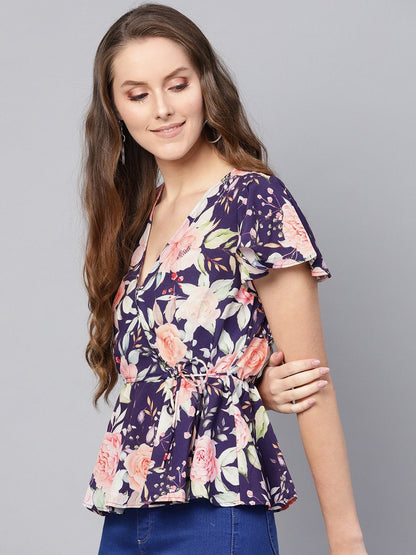 Women's Navy Floral Wrap Peplum Top