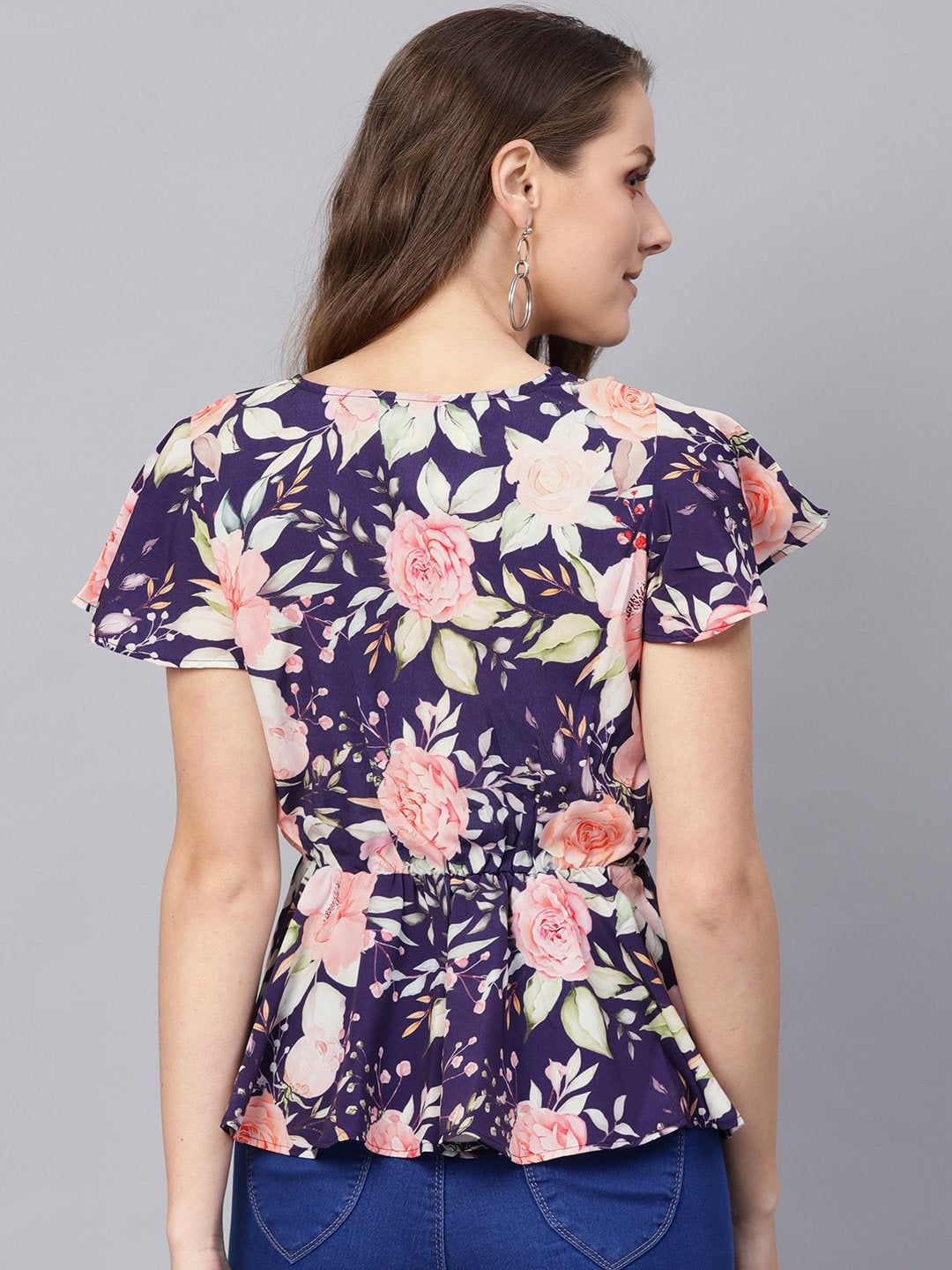 Women's Navy Floral Wrap Peplum Top