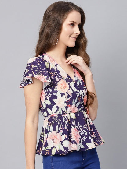 Women's Navy Floral Wrap Peplum Top