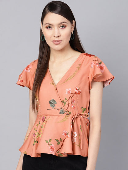Women's Pink Floral Wrap Peplum Top