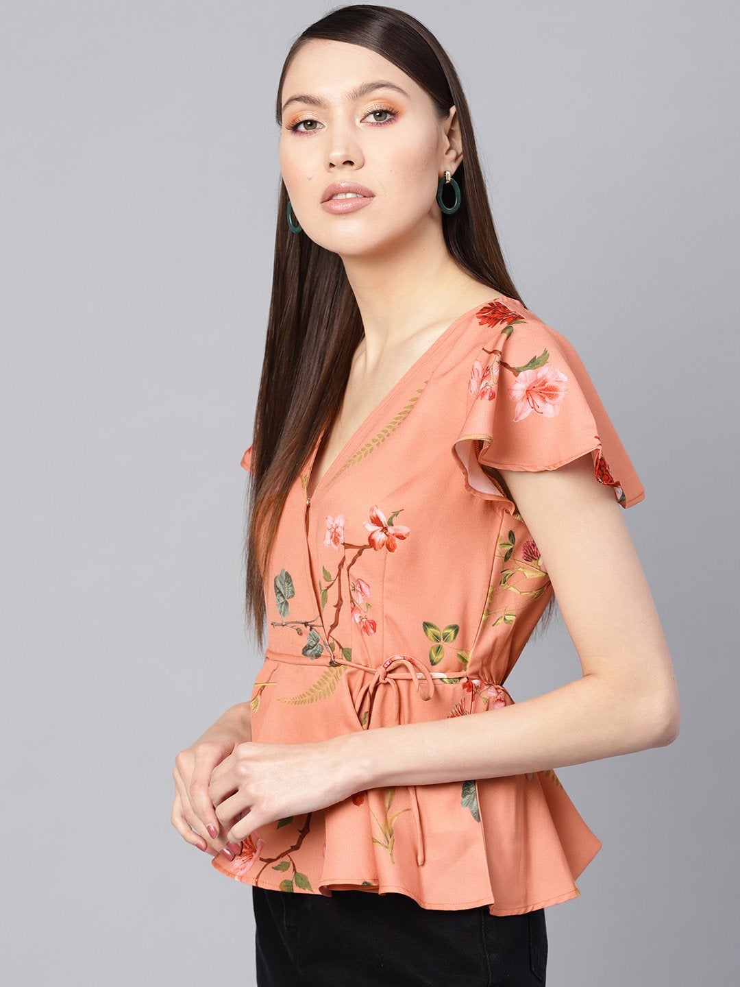 Women's Pink Floral Wrap Peplum Top