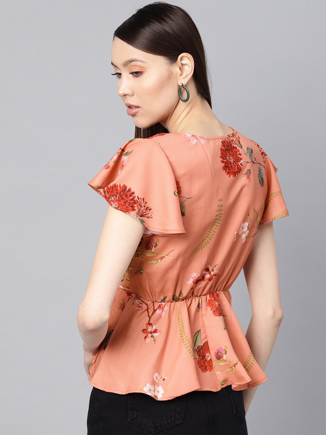 Women's Pink Floral Wrap Peplum Top