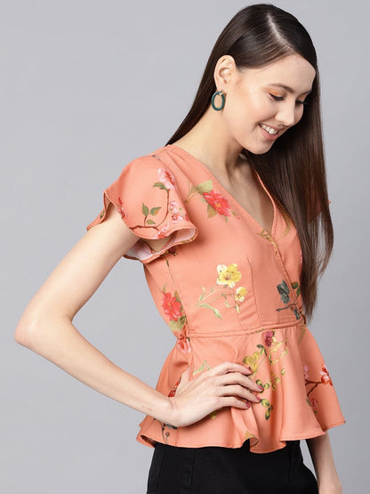 Women's Pink Floral Wrap Peplum Top