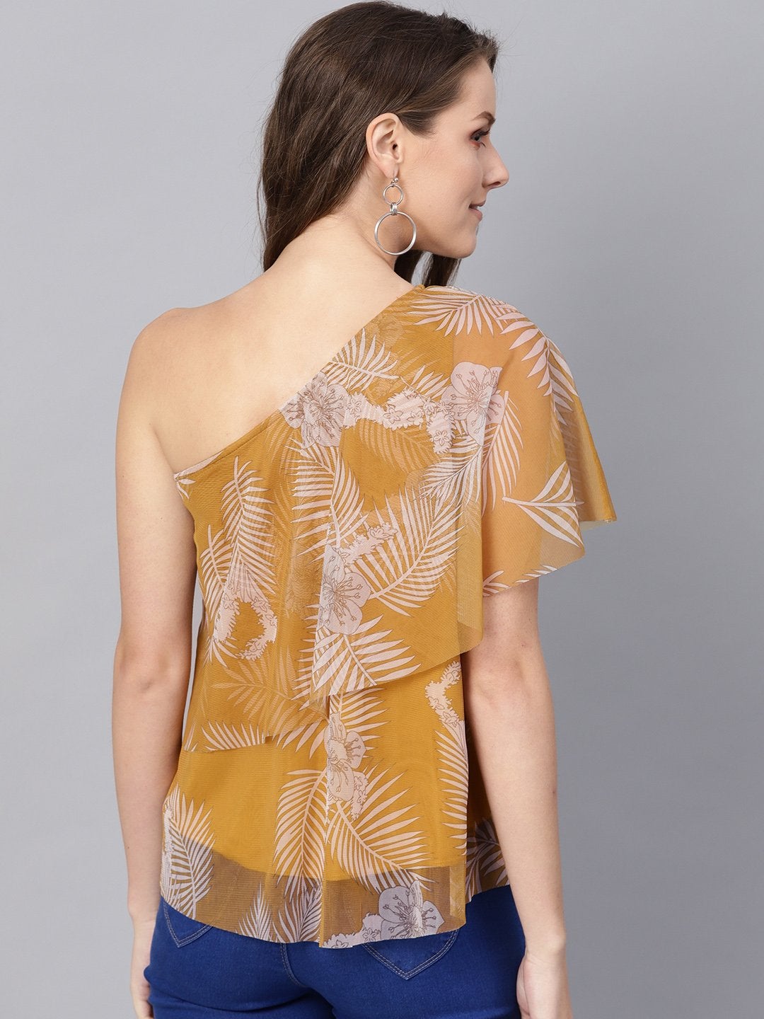 Women's Mustard Floral Mesh One Shoulder Top