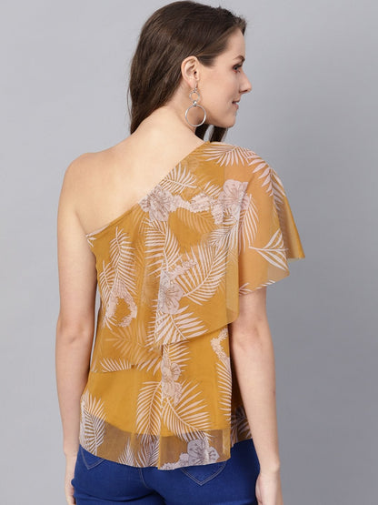 Women's Mustard Floral Mesh One Shoulder Top