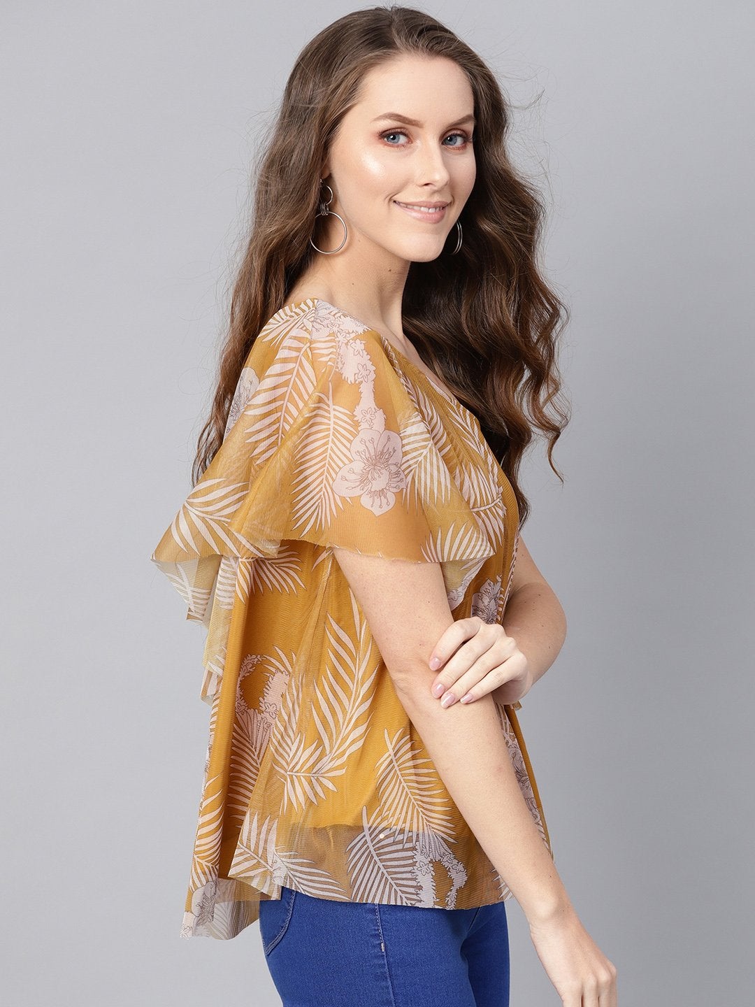 Women's Mustard Floral Mesh One Shoulder Top