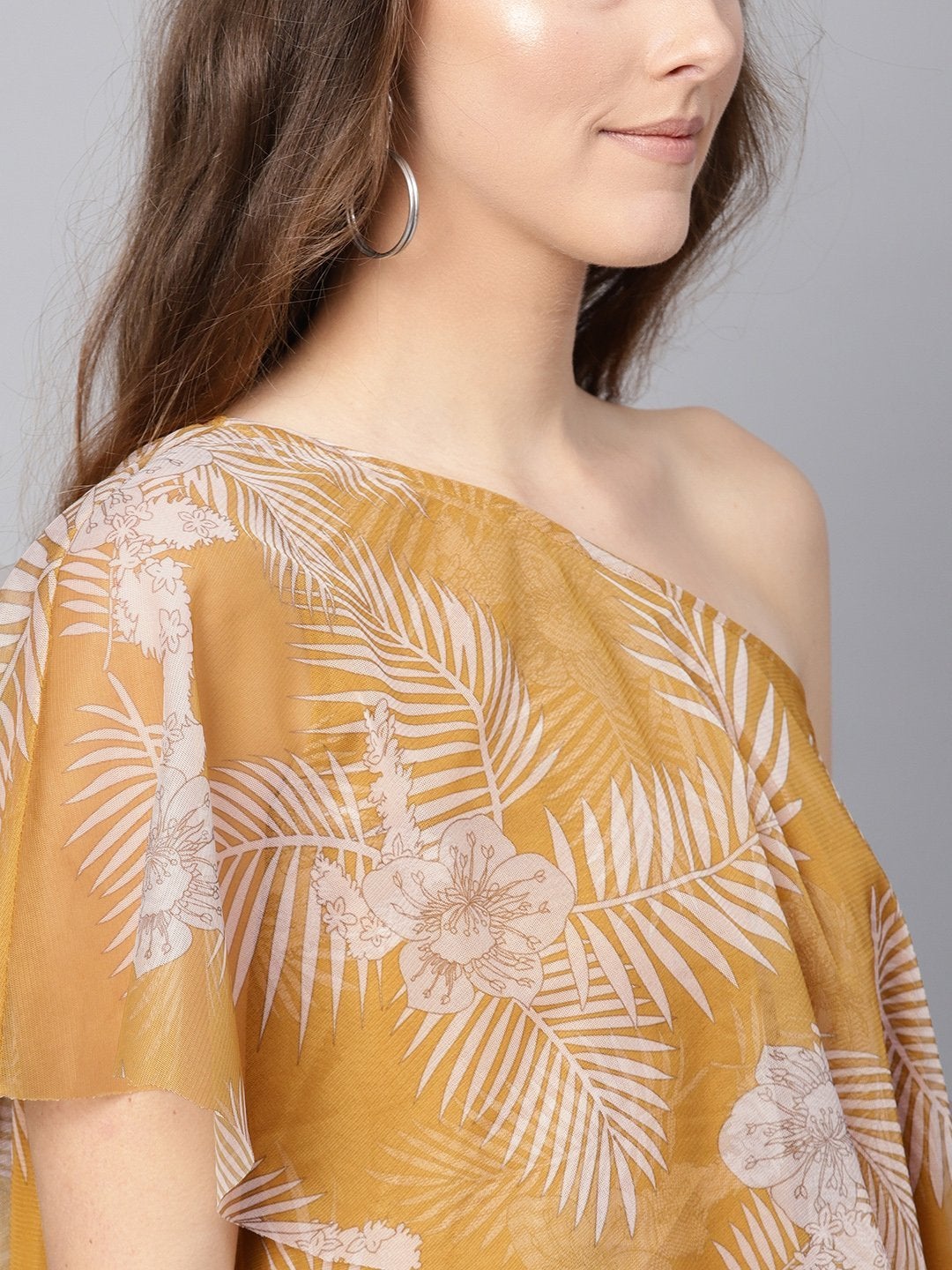 Women's Mustard Floral Mesh One Shoulder Top