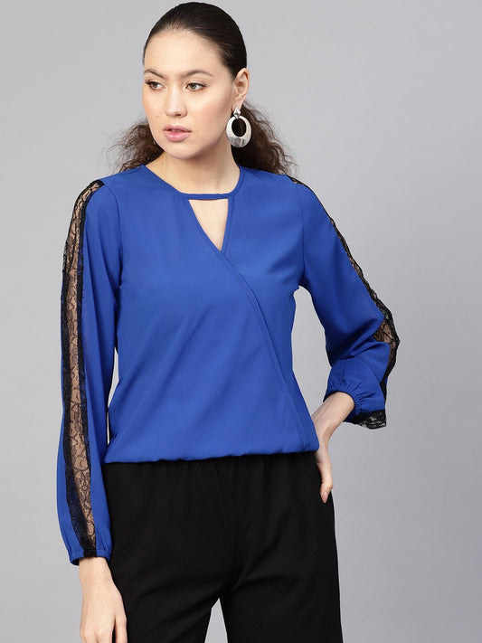 Women's Royal Blue Lace Insert Wrap Top