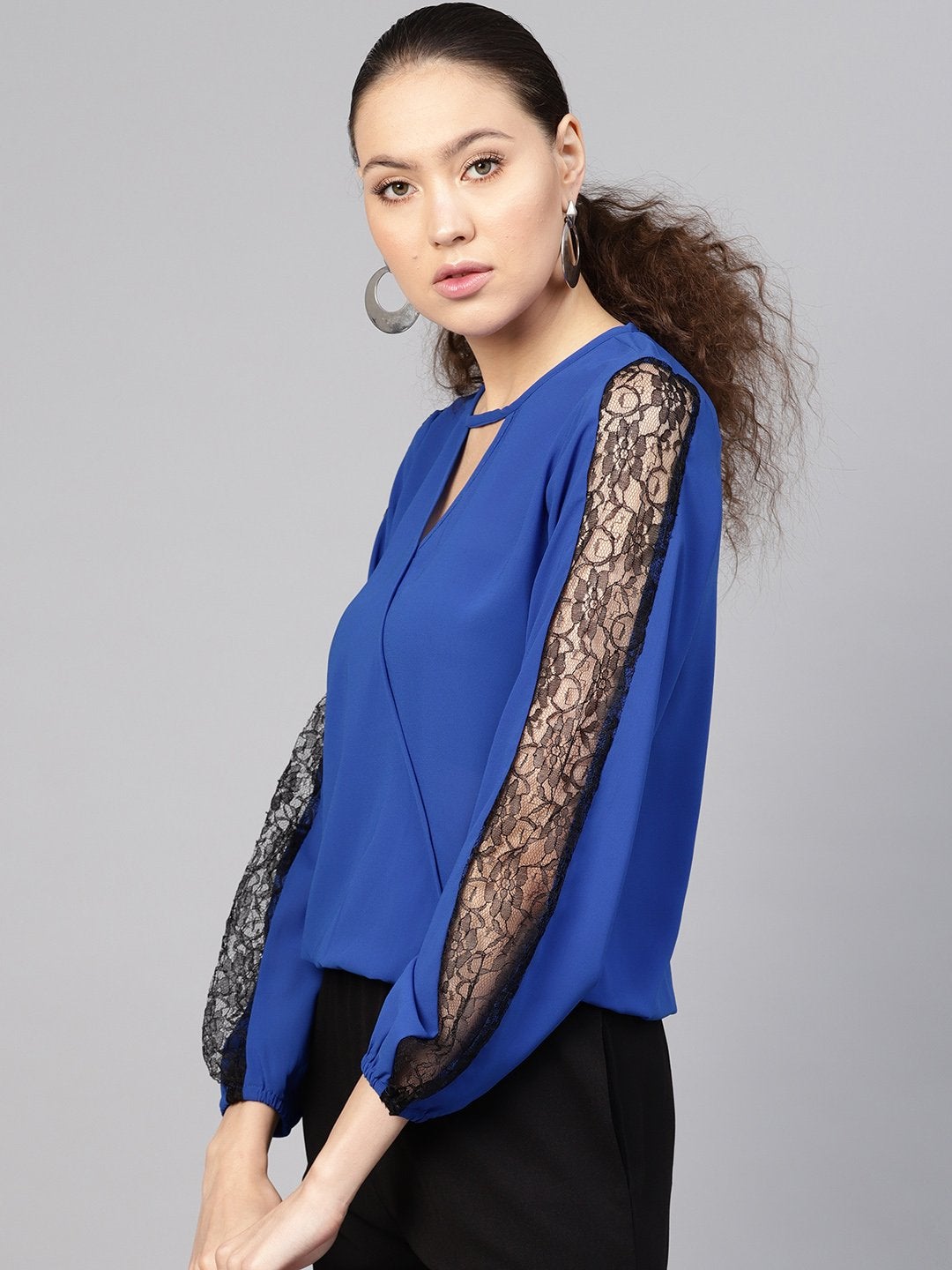 Women's Royal Blue Lace Insert Wrap Top