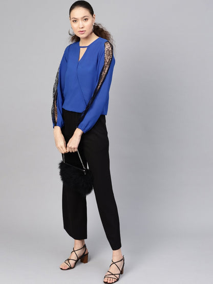 Women's Royal Blue Lace Insert Wrap Top