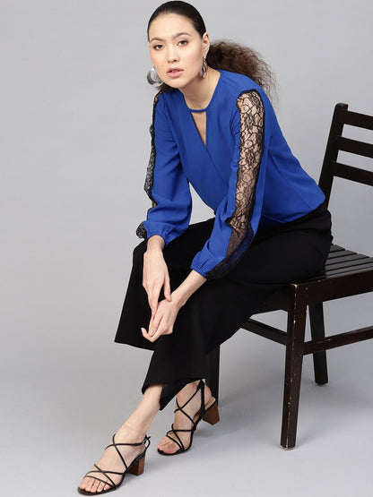 Women's Royal Blue Lace Insert Wrap Top