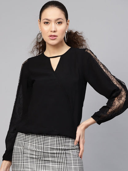 Women's Black Lace Insert Wrap Top