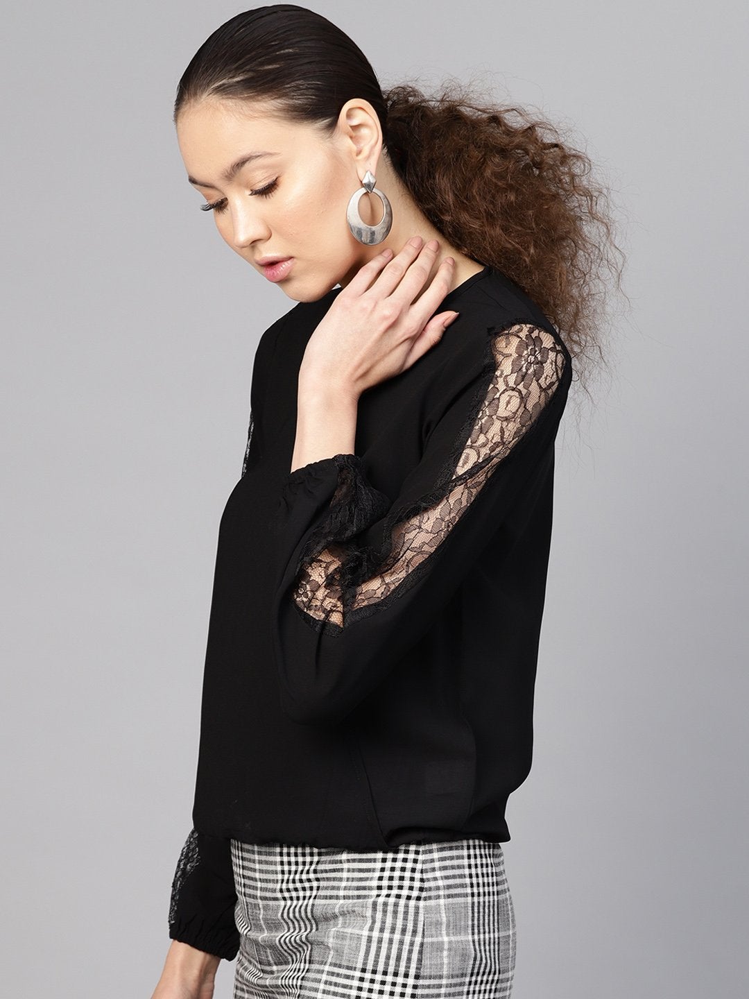 Women's Black Lace Insert Wrap Top