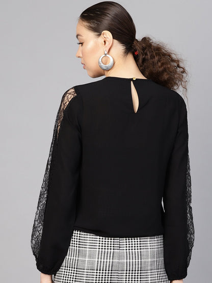Women's Black Lace Insert Wrap Top