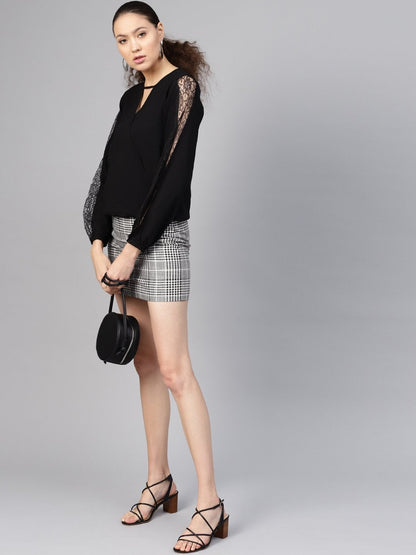 Women's Black Lace Insert Wrap Top