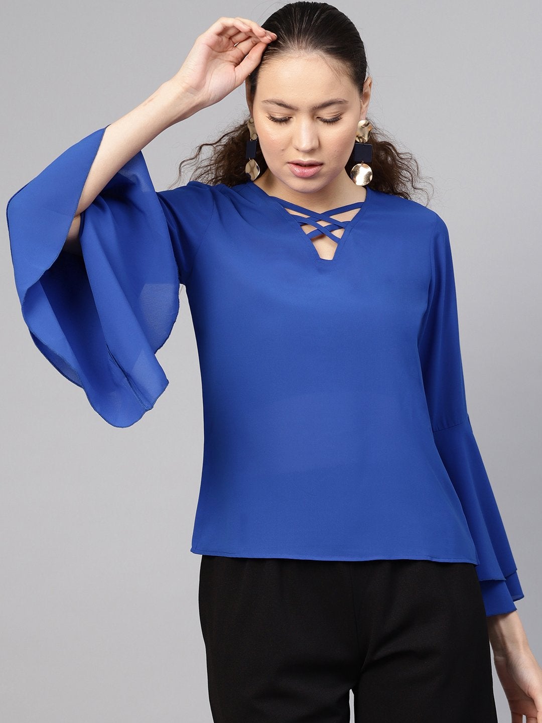 Women's Royal Blue Criss Cross Neck Top