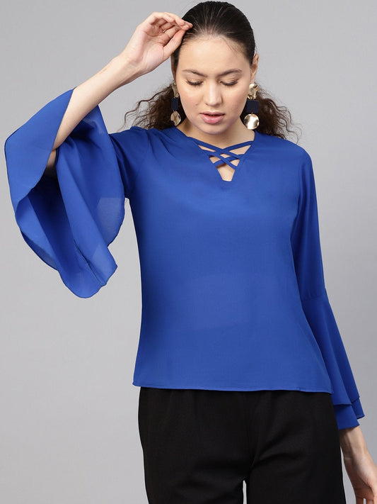 Women's Royal Blue Criss Cross Neck Top
