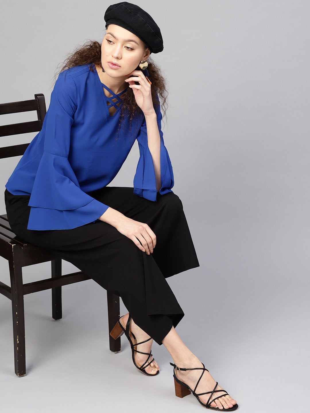 Women's Royal Blue Criss Cross Neck Top
