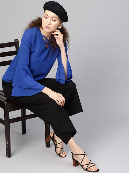 Women's Royal Blue Criss Cross Neck Top