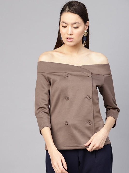 Women's Brown Double Breasted Bardot Top