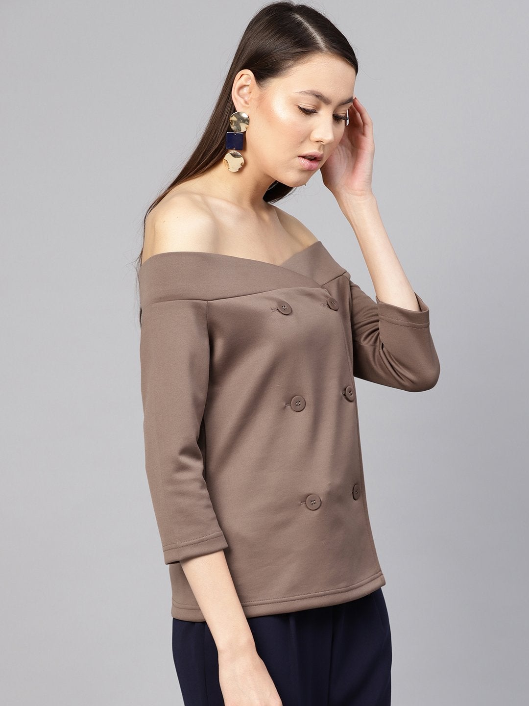Women's Brown Double Breasted Bardot Top