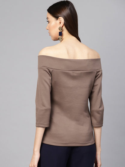 Women's Brown Double Breasted Bardot Top