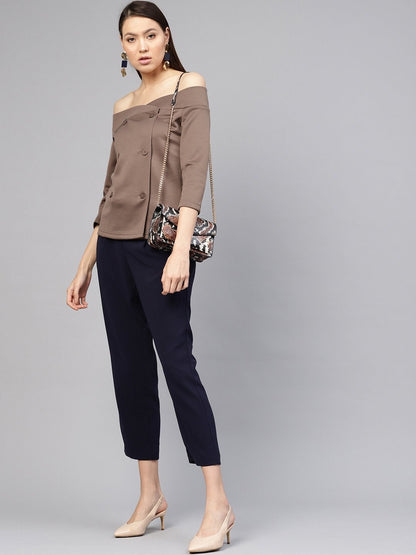 Women's Brown Double Breasted Bardot Top