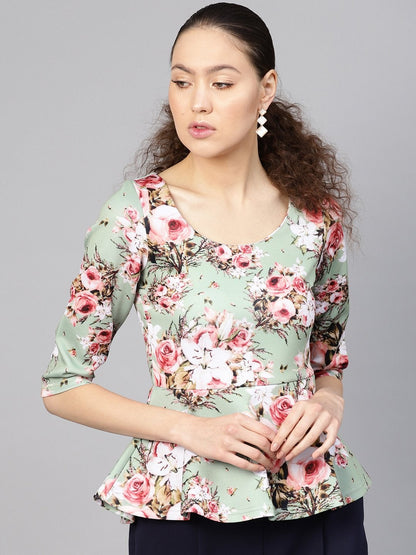Women's Green Floral Peplum Top