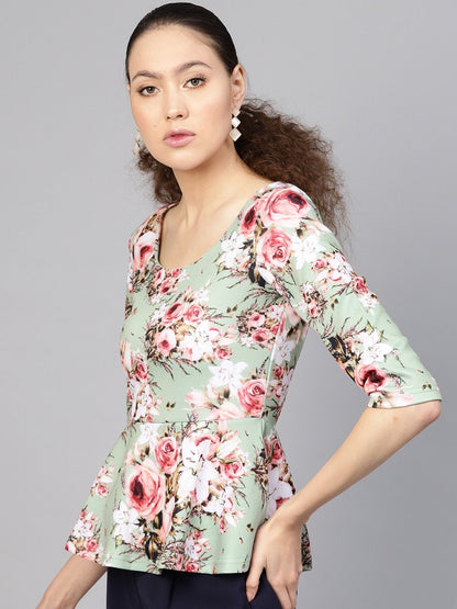 Women's Green Floral Peplum Top