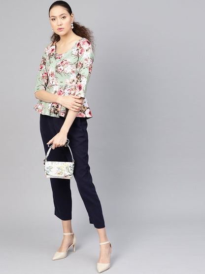 Women's Green Floral Peplum Top