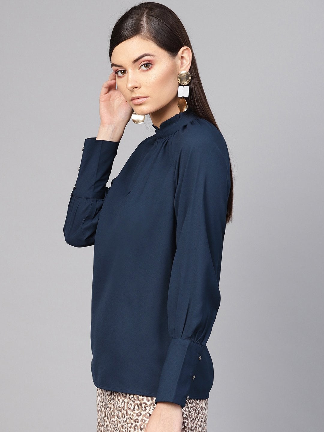 Women's Navy Pleated Collar Top
