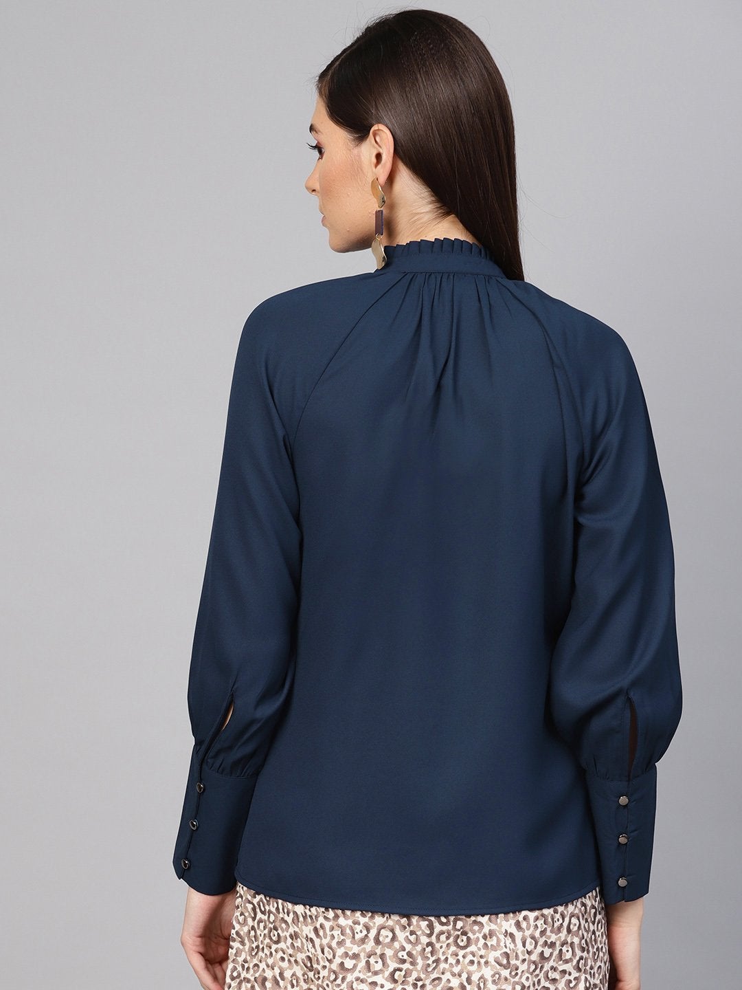 Women's Navy Pleated Collar Top