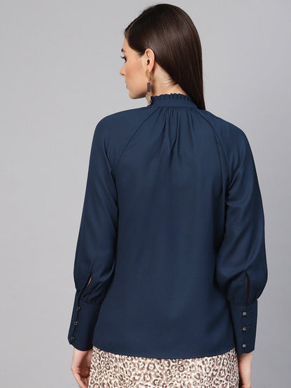 Women's Navy Pleated Collar Top