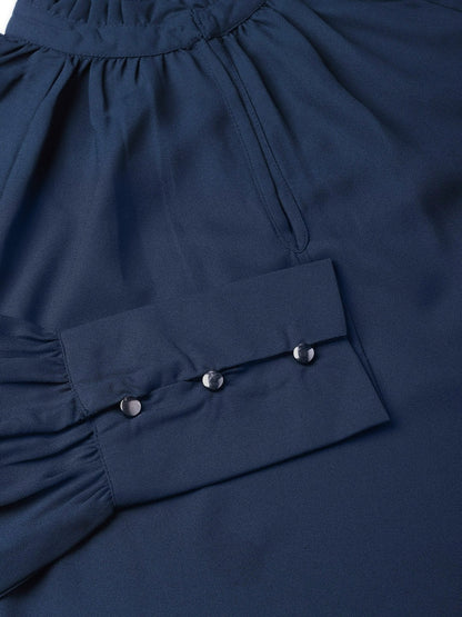 Women's Navy Pleated Collar Top