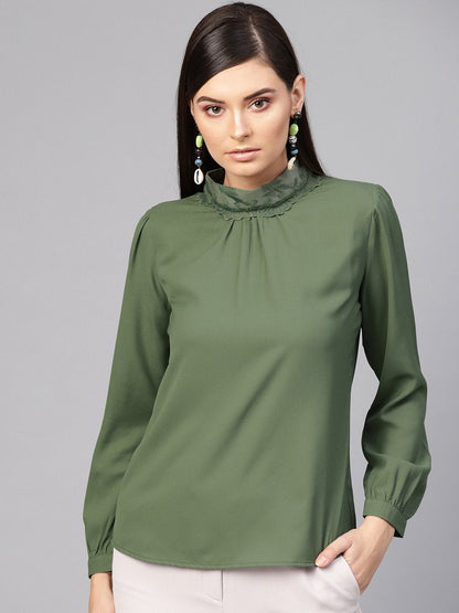 Women's Olive Lace On Neck Top