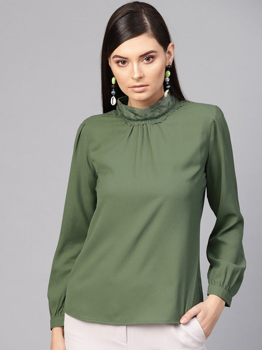 Women's Olive Lace On Neck Top